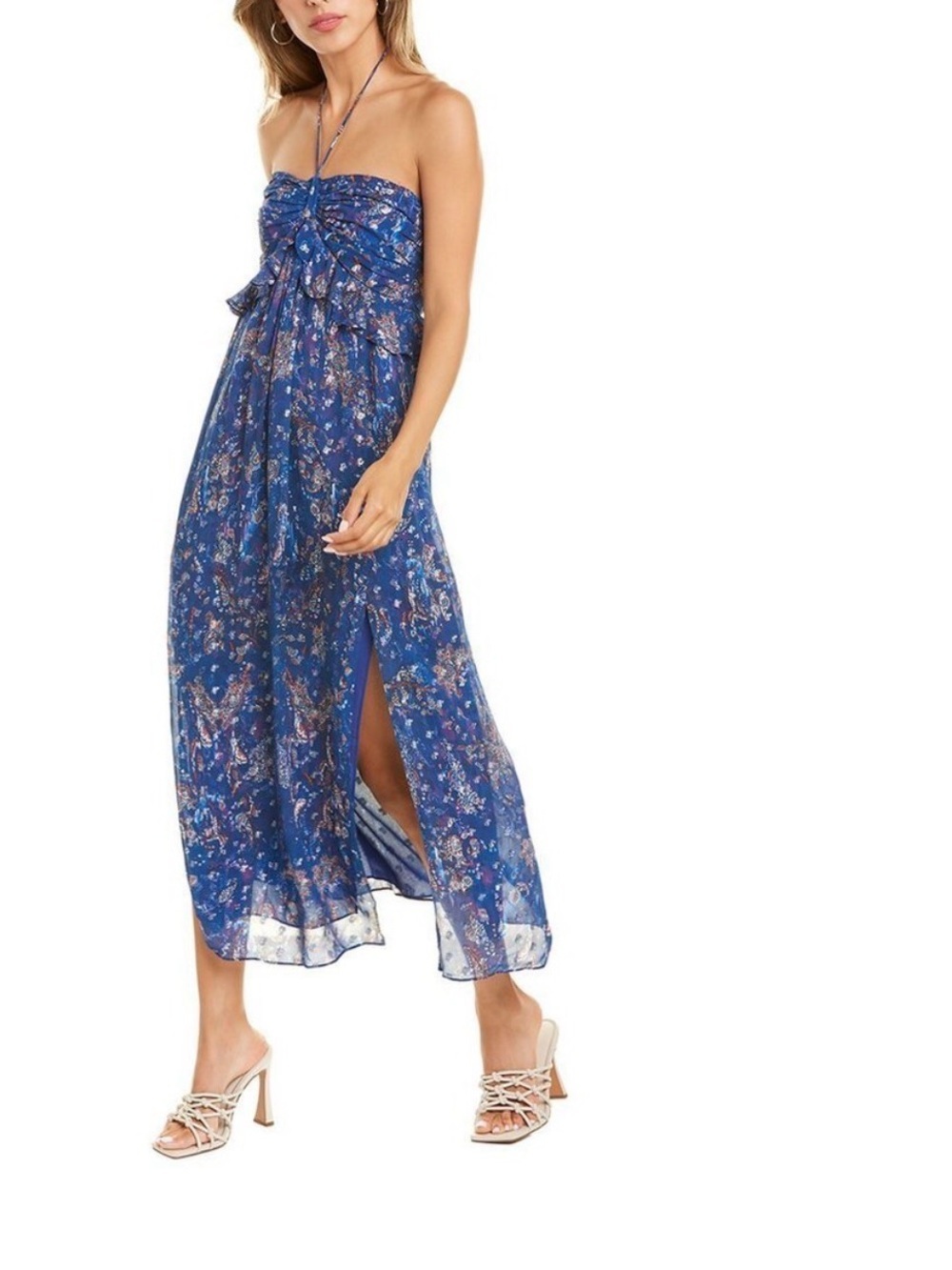 IRO Somov Paisley Halter Midi Dress 34/XS Blue Sparkle Vacay Wedding Resortwear